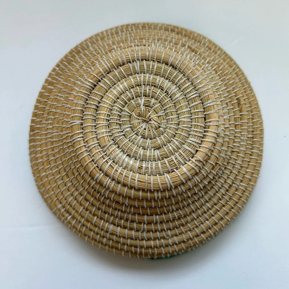 Handwoven coiled Basket with Green and Red Accents/ NWOT!